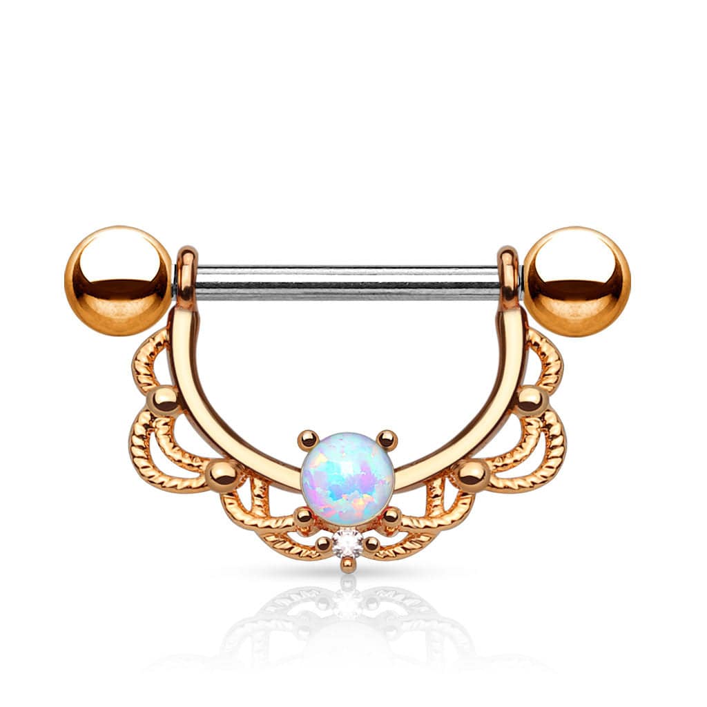 316L Surgical Steel Prong Set Opal with Laced Nipple Ring Barbell - Image 3