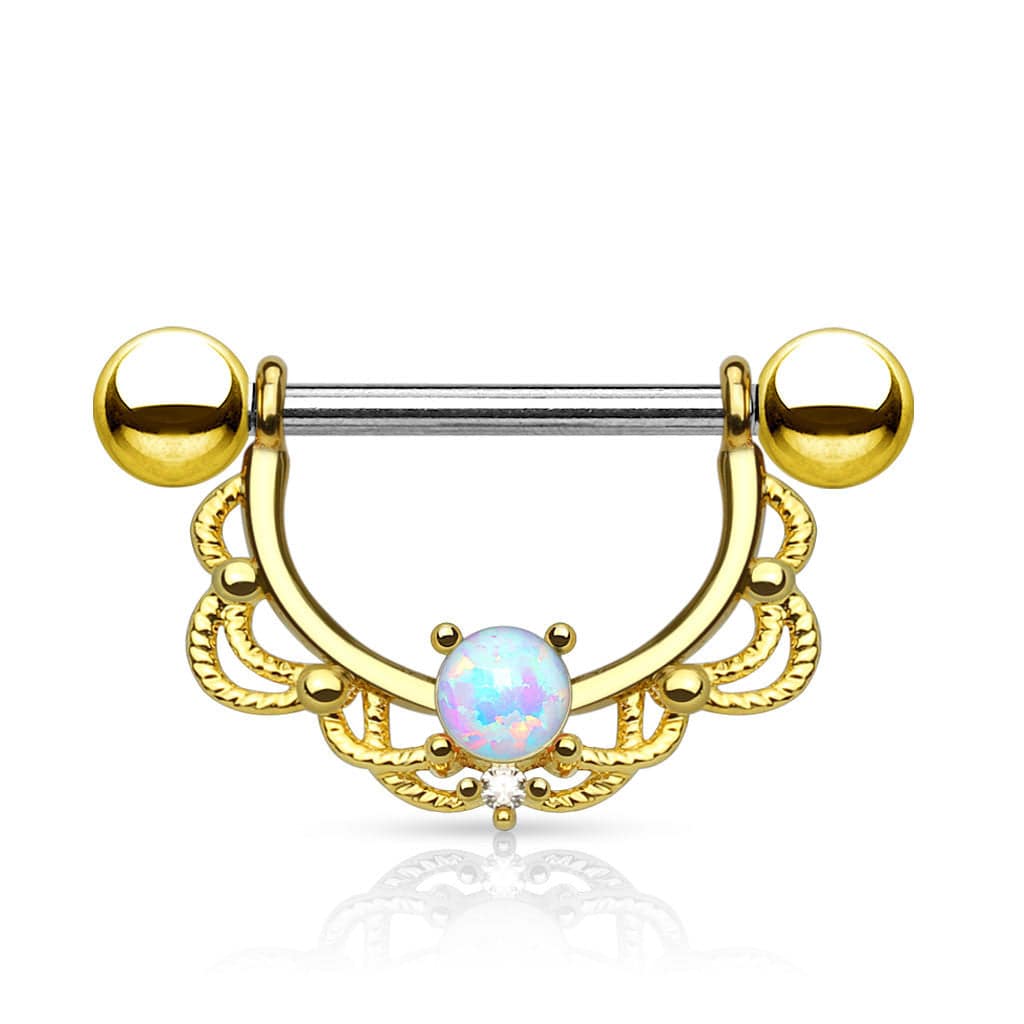 316L Surgical Steel Prong Set Opal with Laced Nipple Ring Barbell - Image 4