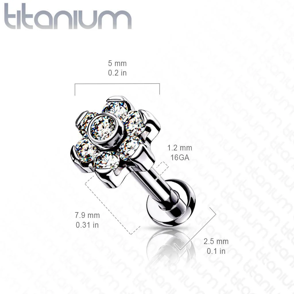 Implant Grade Titanium Threadless Push In Tragus/Cartilage White CZ Flower With Flat Back - Image 4