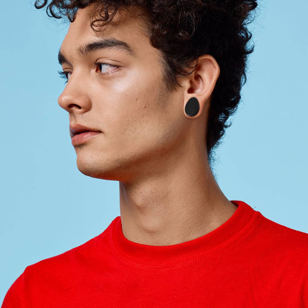 Double Flared Saddle Tear Drop Black Agate Stone Plugs - Image 4