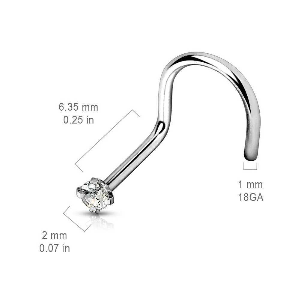 Implant Grade Titanium Corkscrew Nose Ring Stud with Prong White CZ Gem - Image 3