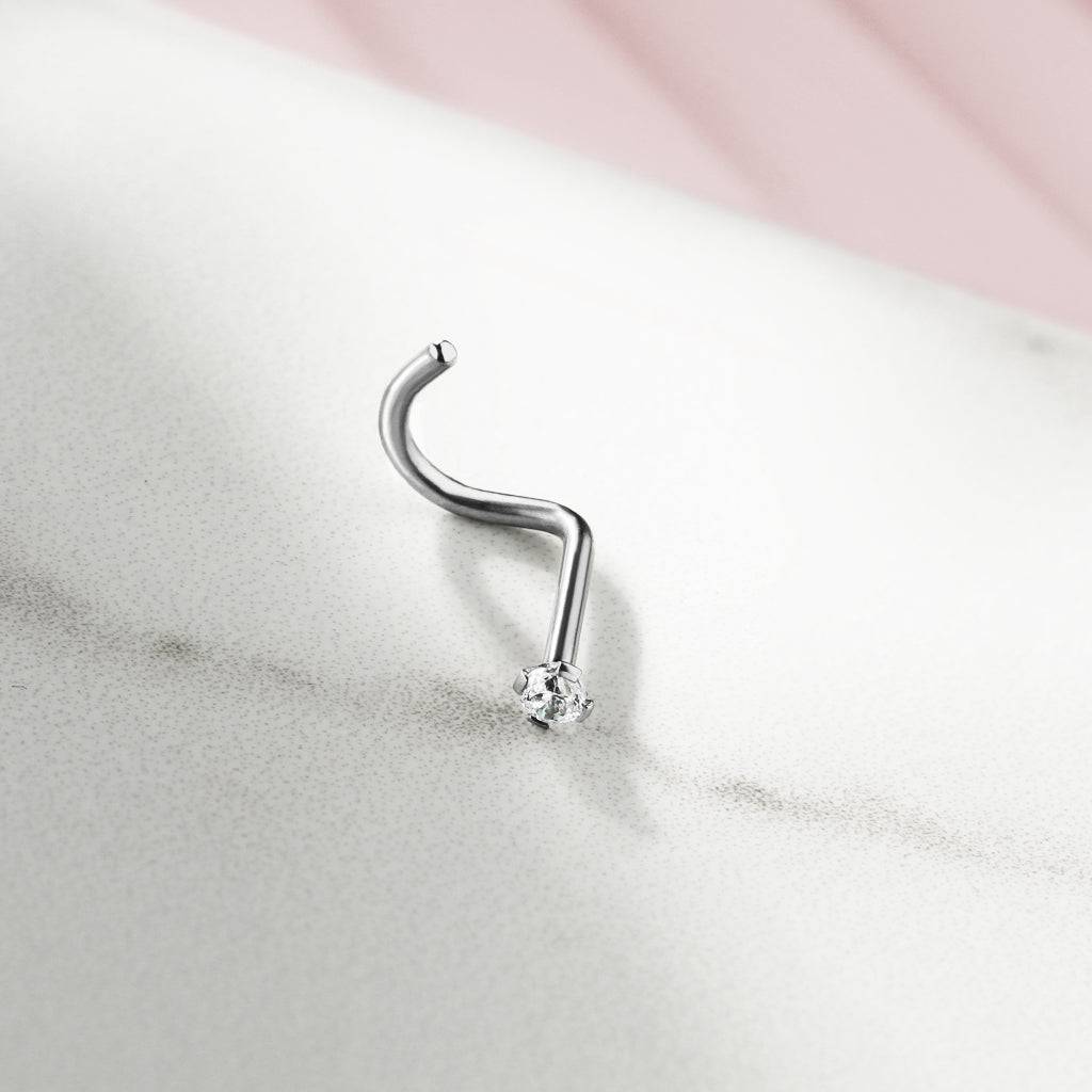 Implant Grade Titanium Corkscrew Nose Ring Stud with Prong White CZ Gem - Image 5