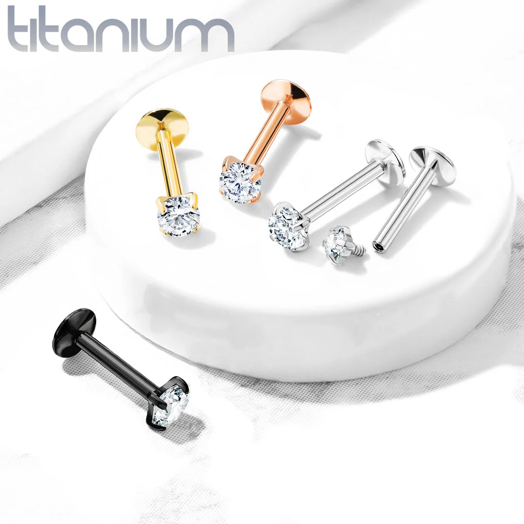 Implant Grade Titanium Internally Threaded Prong Circle White CZ Labret - Image 3
