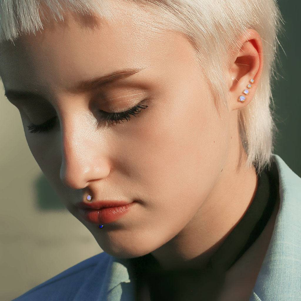 Implant Grade Titanium White Opal Flat Back Internally Threaded Labret Cartilage Tragus Ring - Image 3