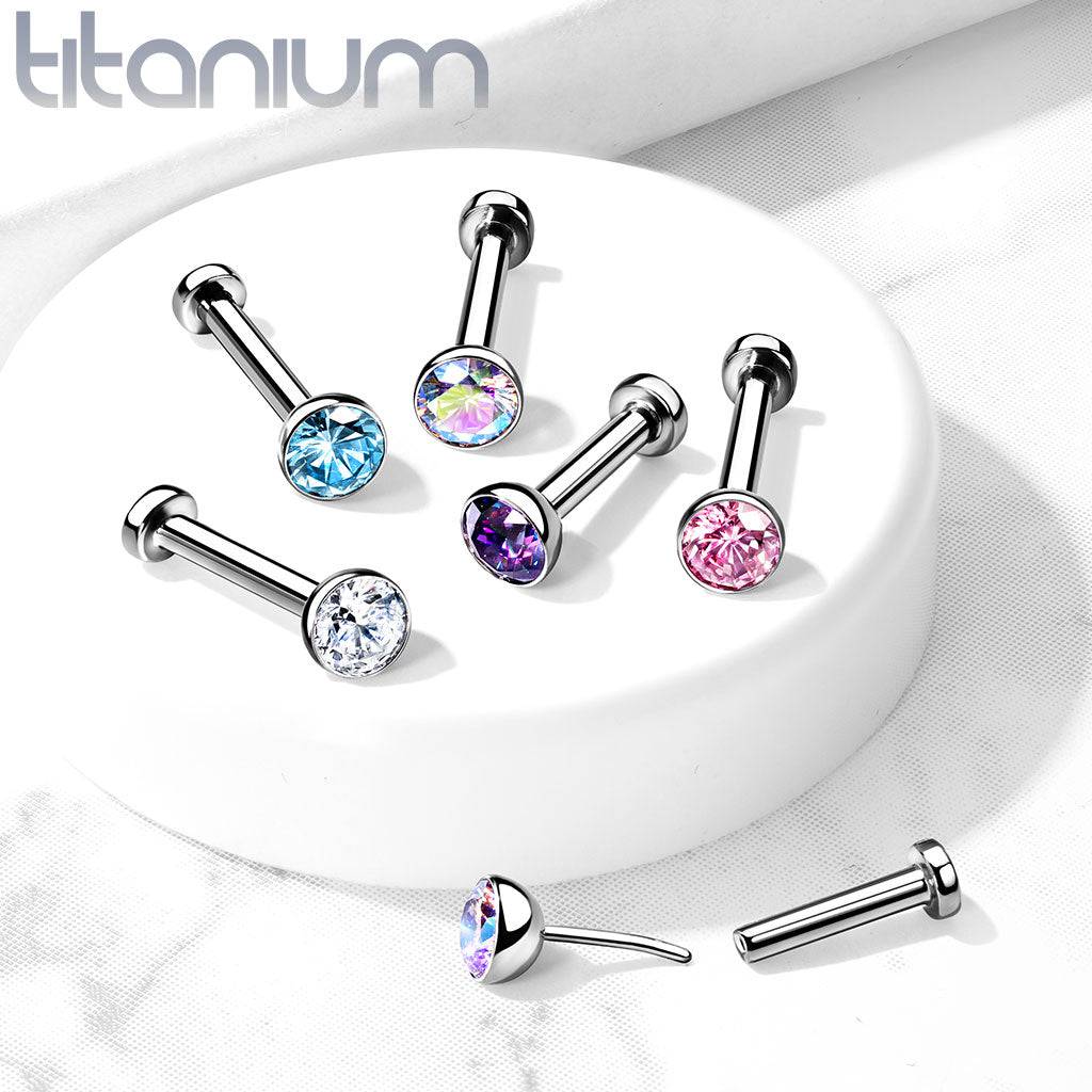 Implant Grade Titanium Threadless Push In Tragus/Cartilage Flat Back Bezel Light Baby Pink CZ With Flat Back - Image 4