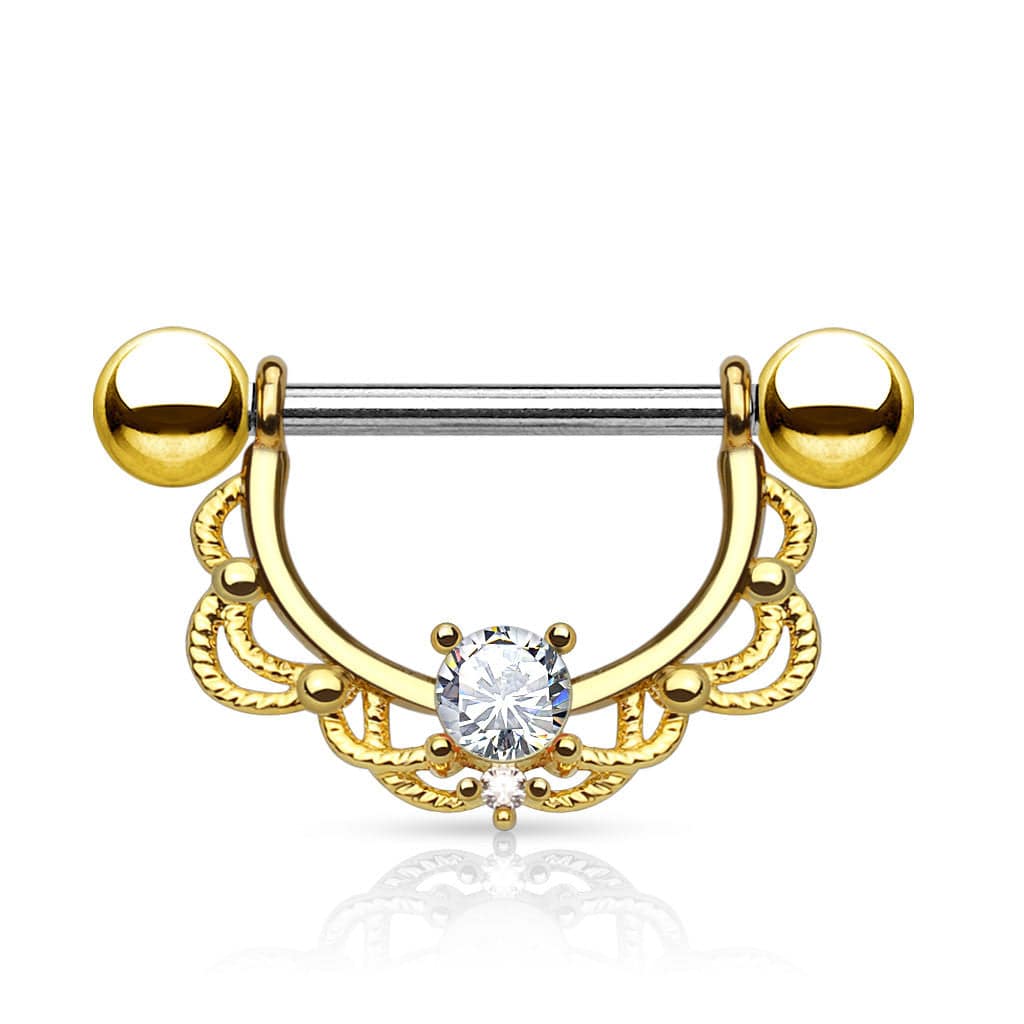 Surgical Steel Gold Plated Laced Single Gem Nipple Ring Shield Barbell - Image 3