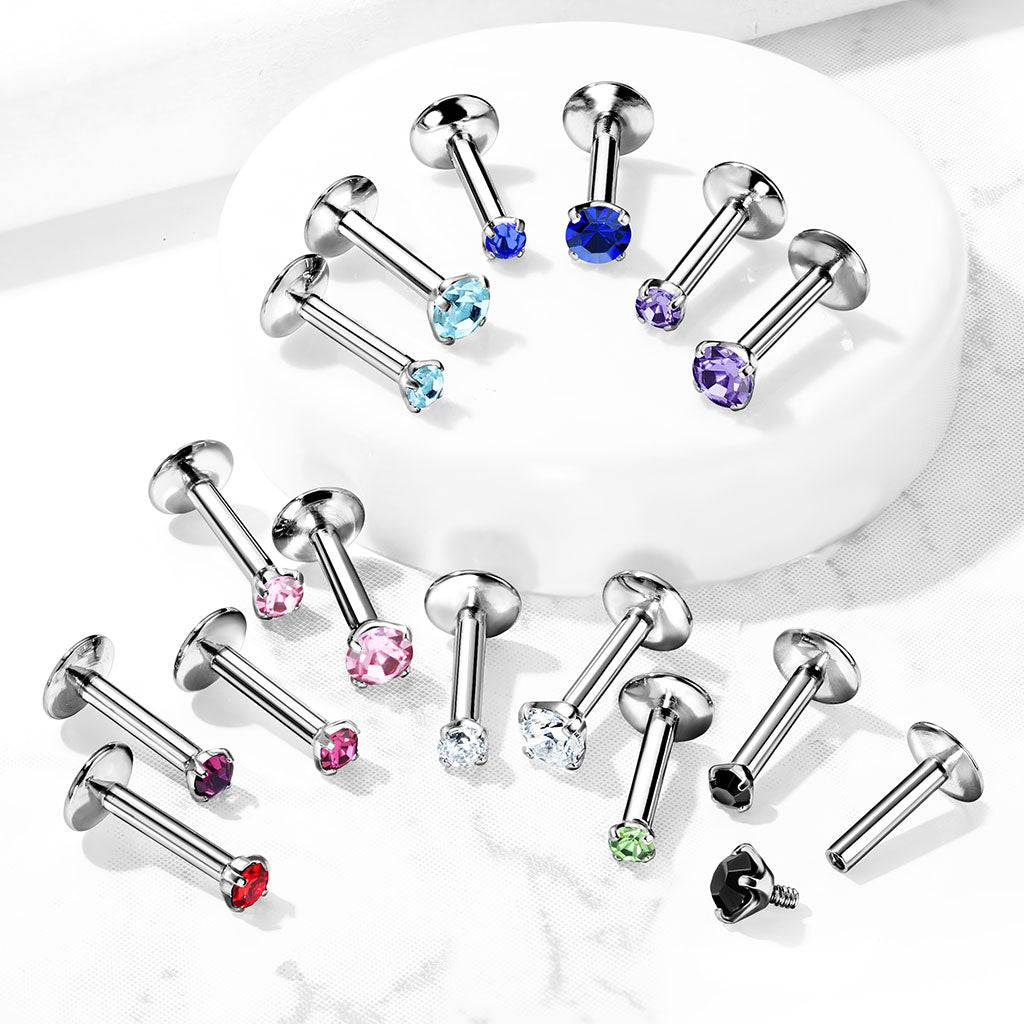 316L Surgical Steel Internally Threaded White Circle Prong CZ Flat Back Labret Stud - Image 3