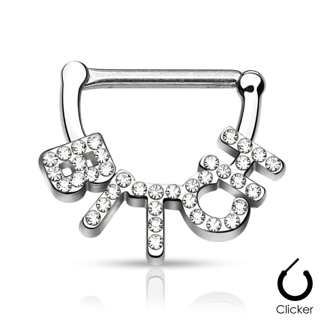 White CZ Paved "Bitch" 316L Surgical Steel Nipple Clickers Ring Shield - Image 3