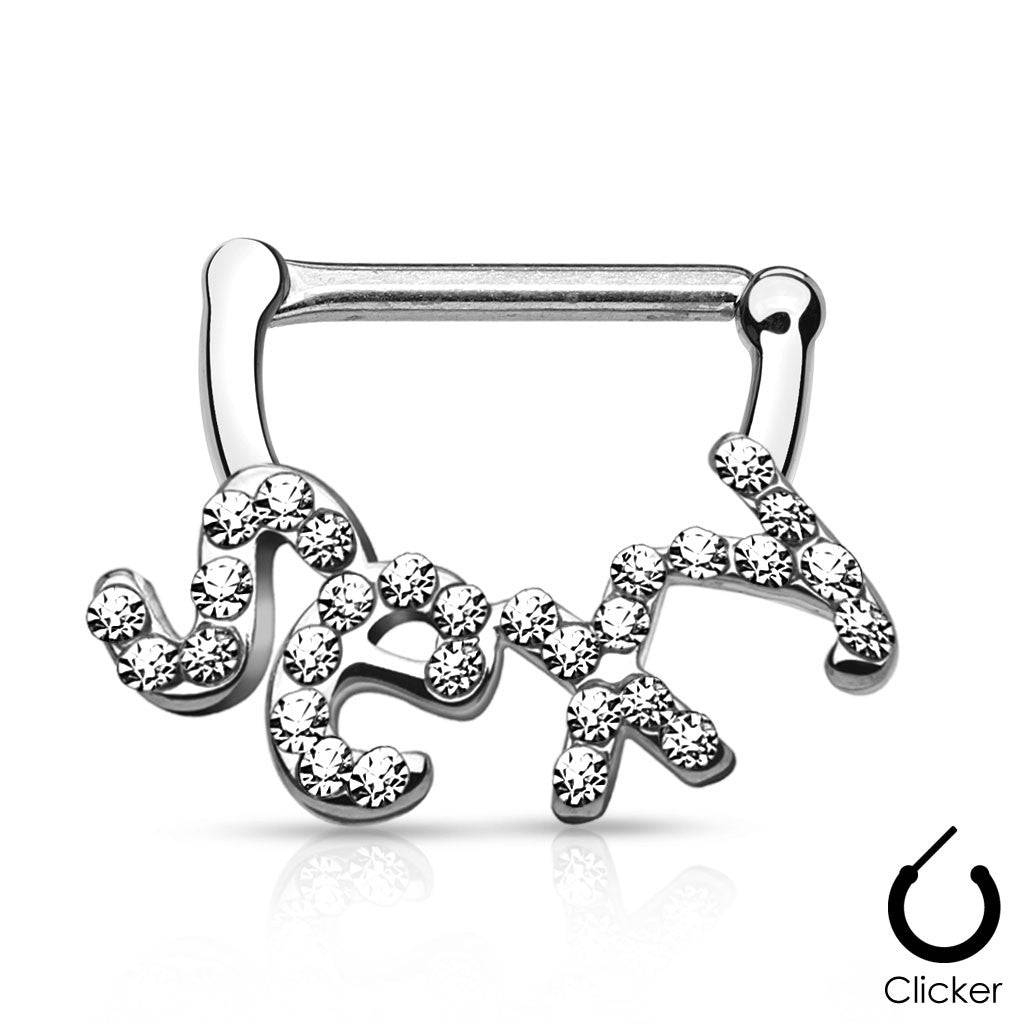 White CZ Paved "Sexy" 316L Surgical Steel Nipple Clickers Ring Shield - Image 3